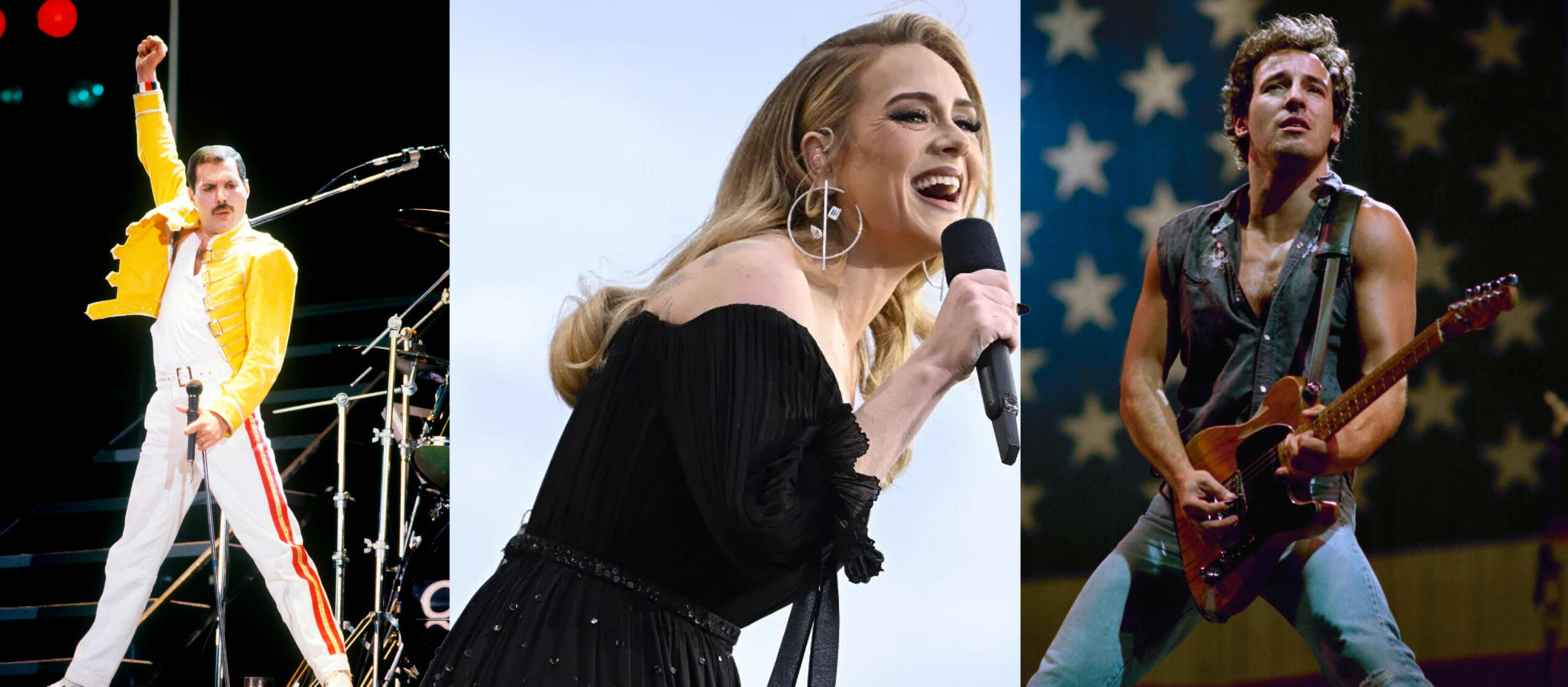 collage con foto de Freddie Mercury, Adele y Bruce Springsteen sobre el escenario