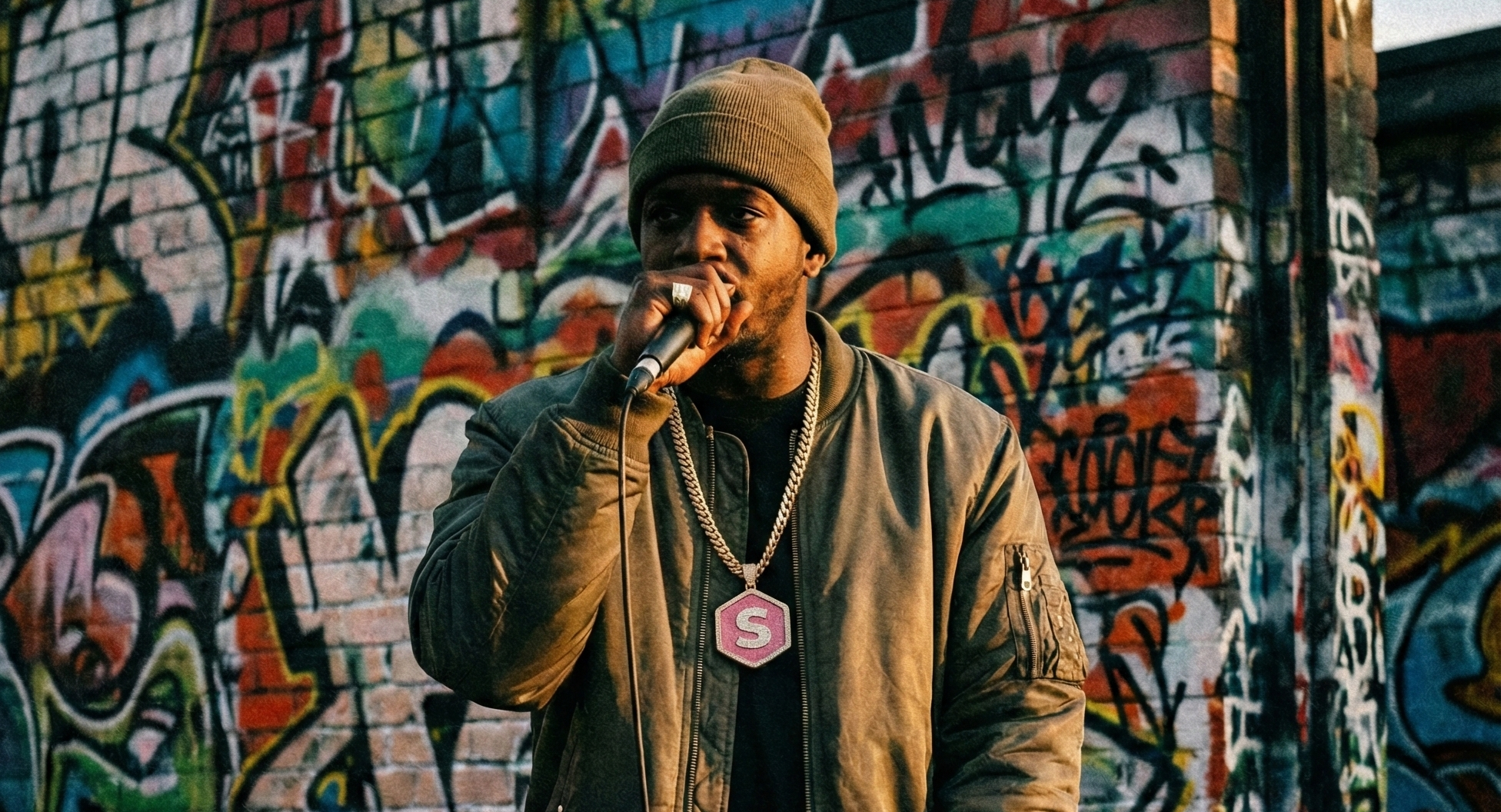 rapero con un bling bling de superprof sosteniendo microfono en un fondo de graffiti