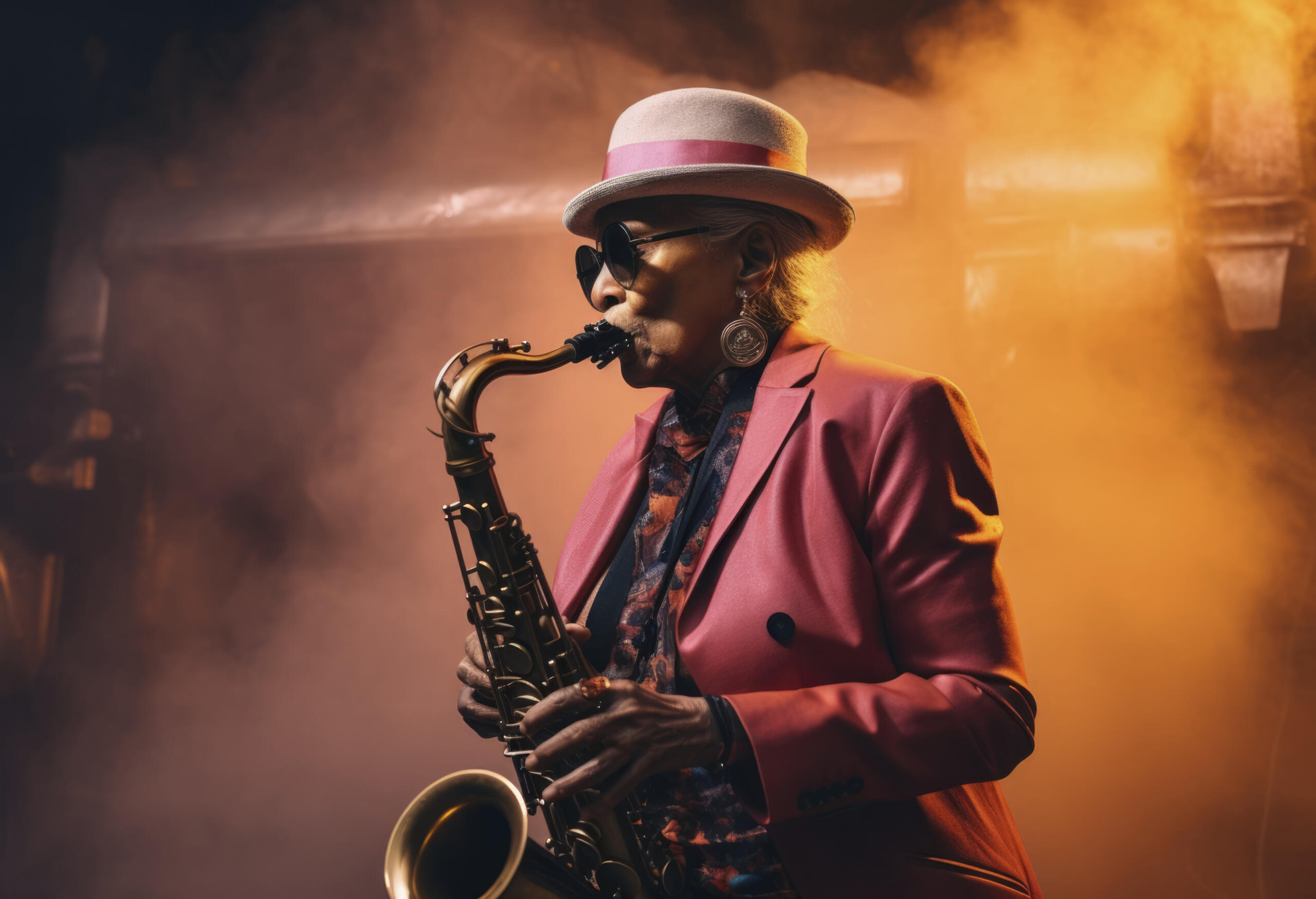 musico tocando saxofon en un escenario con luces y humos