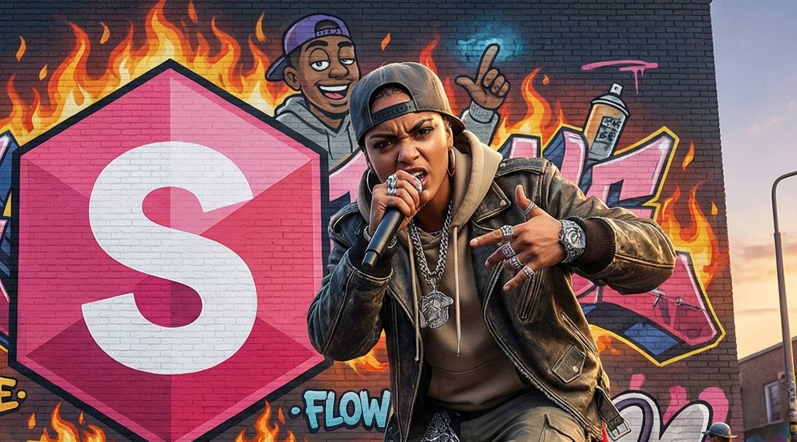 Una mujer rapera con estilo urbano canta freestyle con un micrófono frente a un gran muro de ladrillos cubierto con un colorido graffiti que destaca el logo de Superprof de fondo