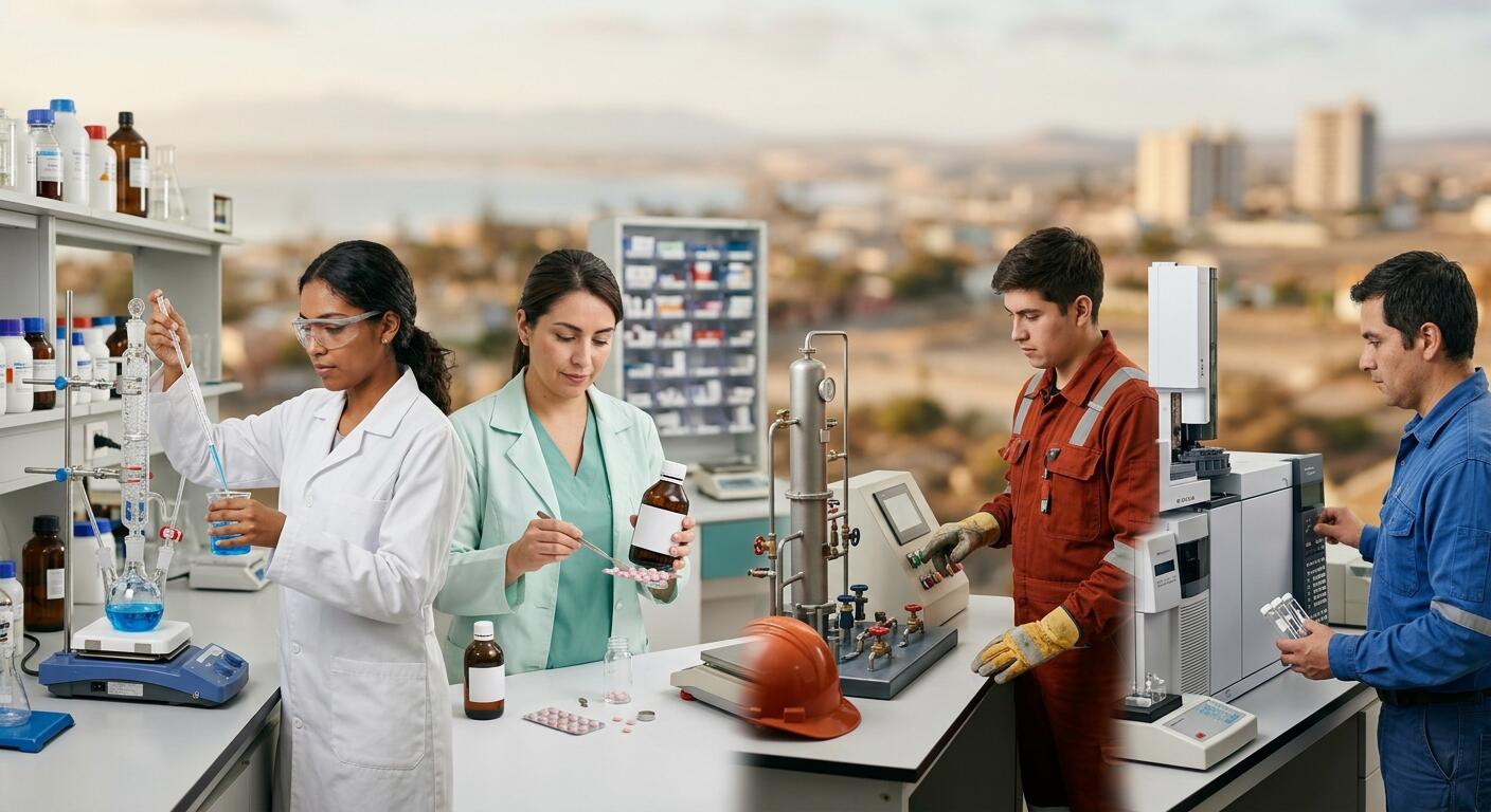 Estudiantes de química realizando actividades prácticas.