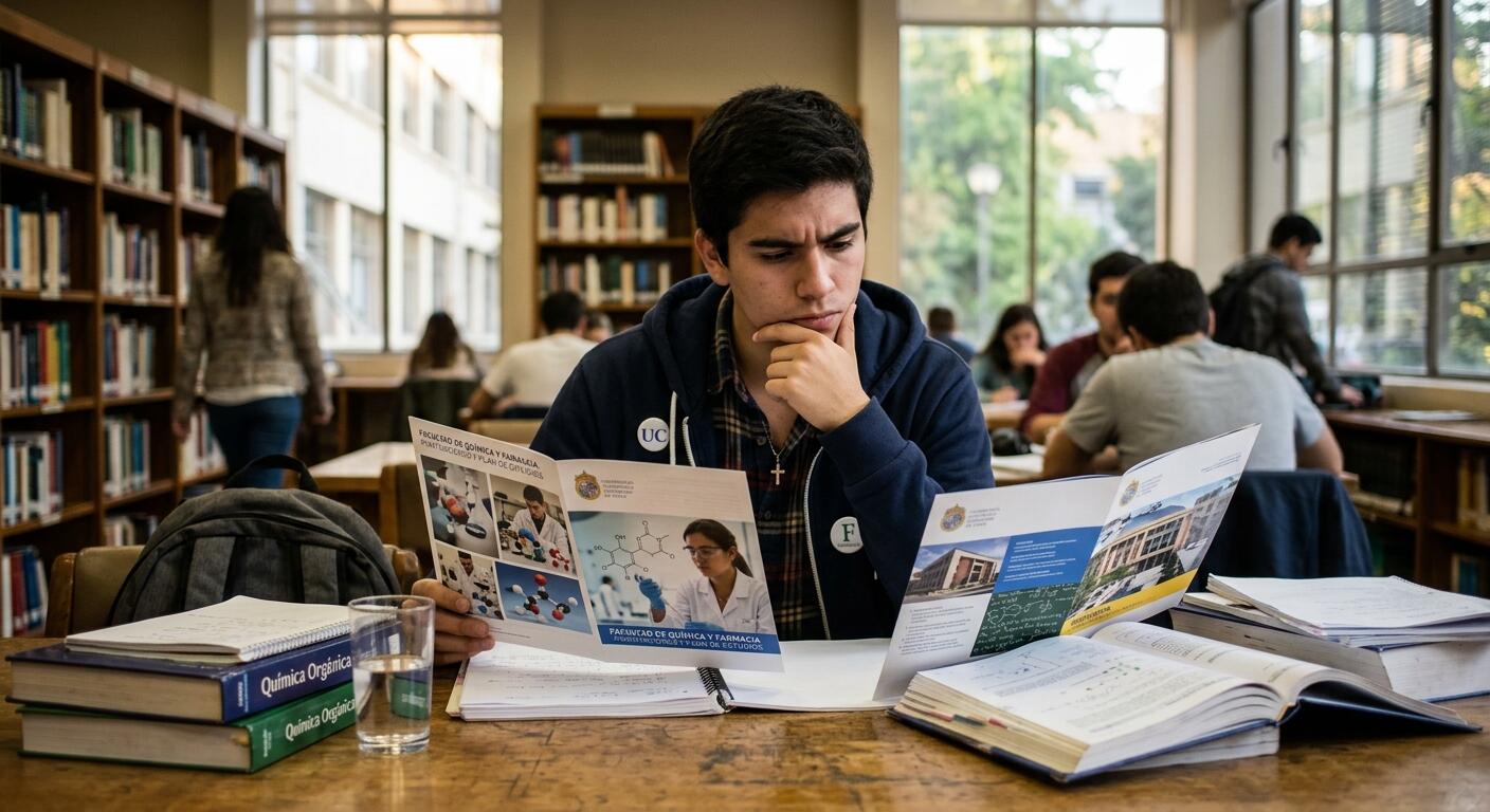 Estudiante revisando universidades y malla curricular.