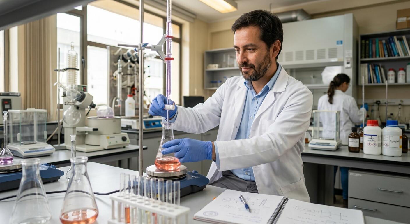Químico farmacéutico chileno realizando un análisis de laboratorio.