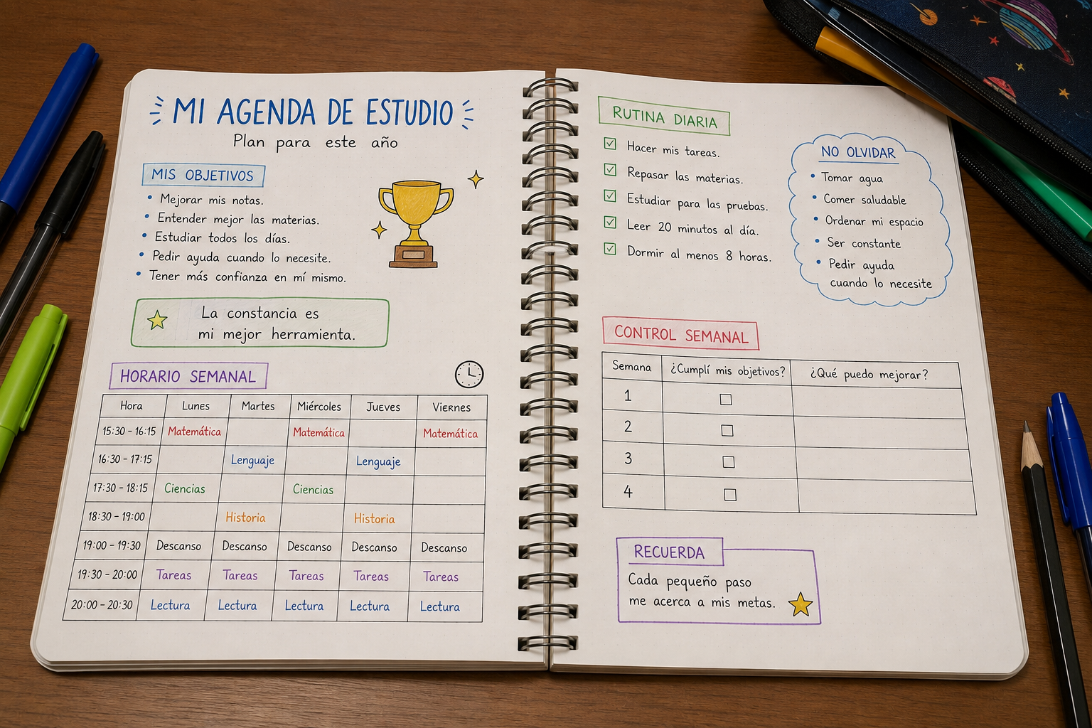 Agenda de estudio personalizada para diferentes actividades.