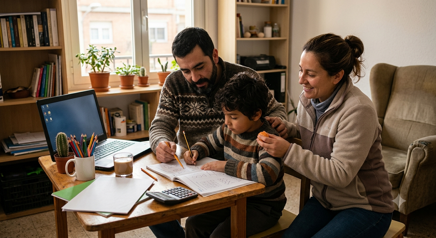 Padres realizando deberes escolares con su hijo.