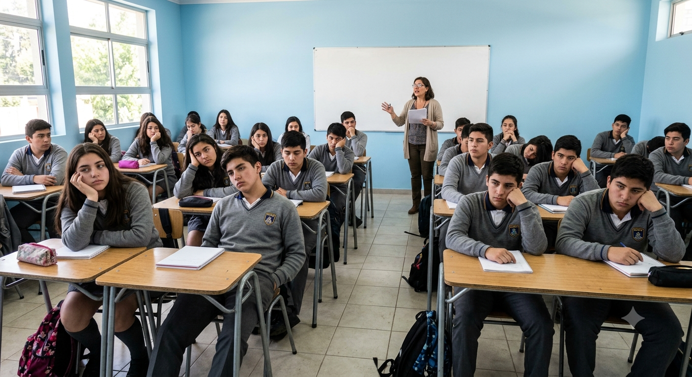 Grupo de alumnos desmotivados en un salón de clases.