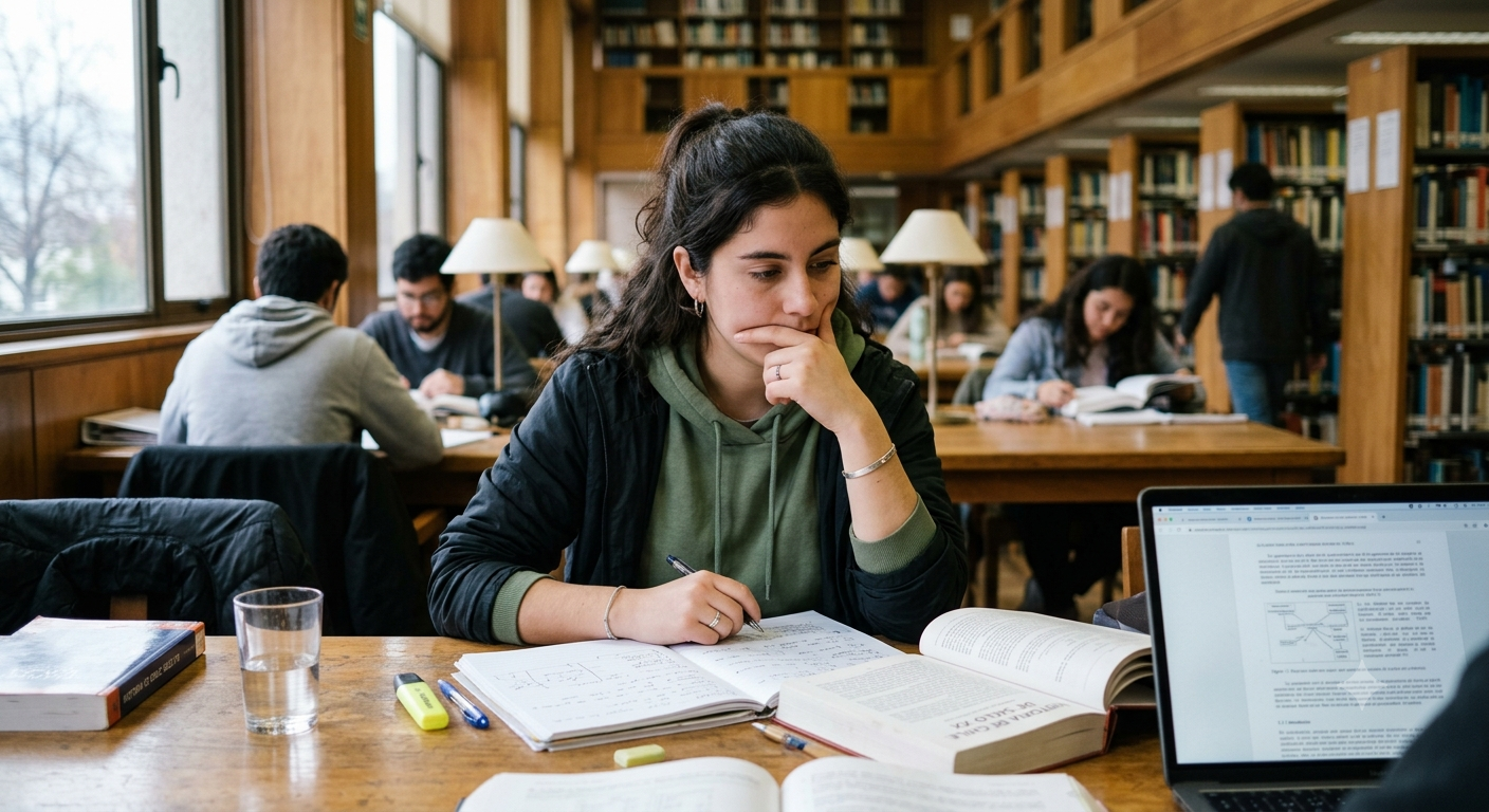 Estudiantes estudiando en biblioteca.