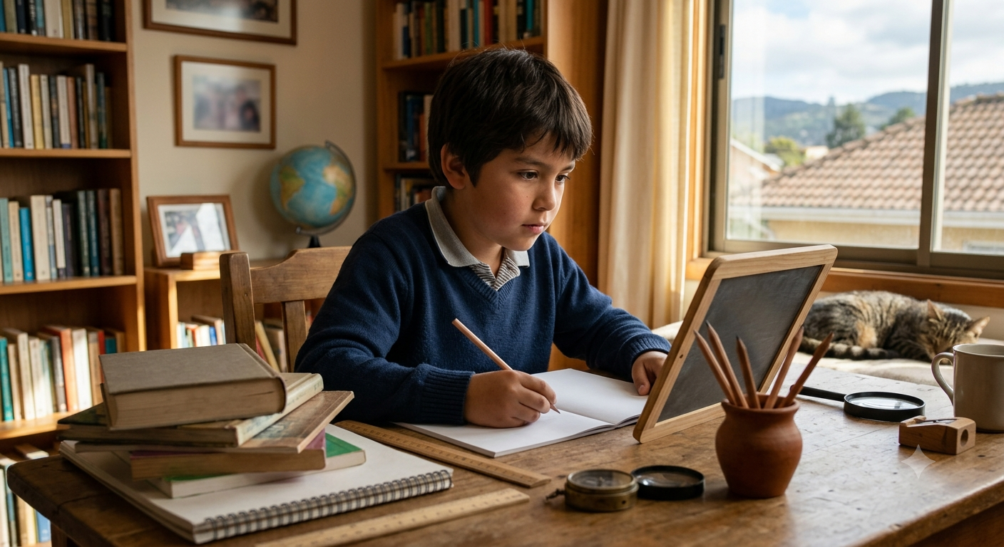 Niño de primaria estudiando desde casa.