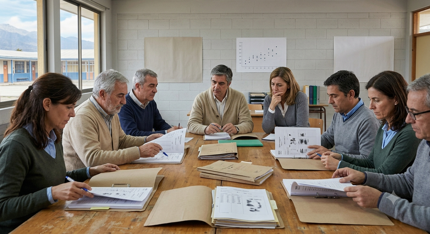 Reunión del comité escolar revisando expedientes.