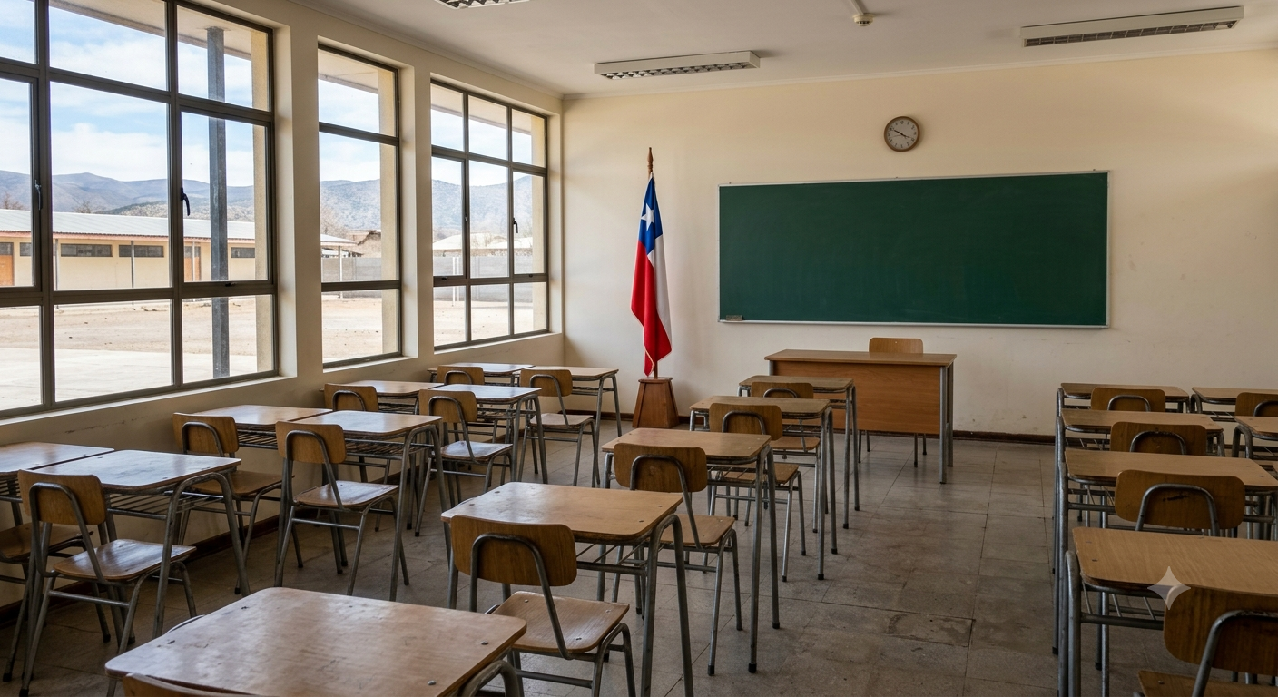 Salón de clases con la bandera de Chile sin alumnos.
