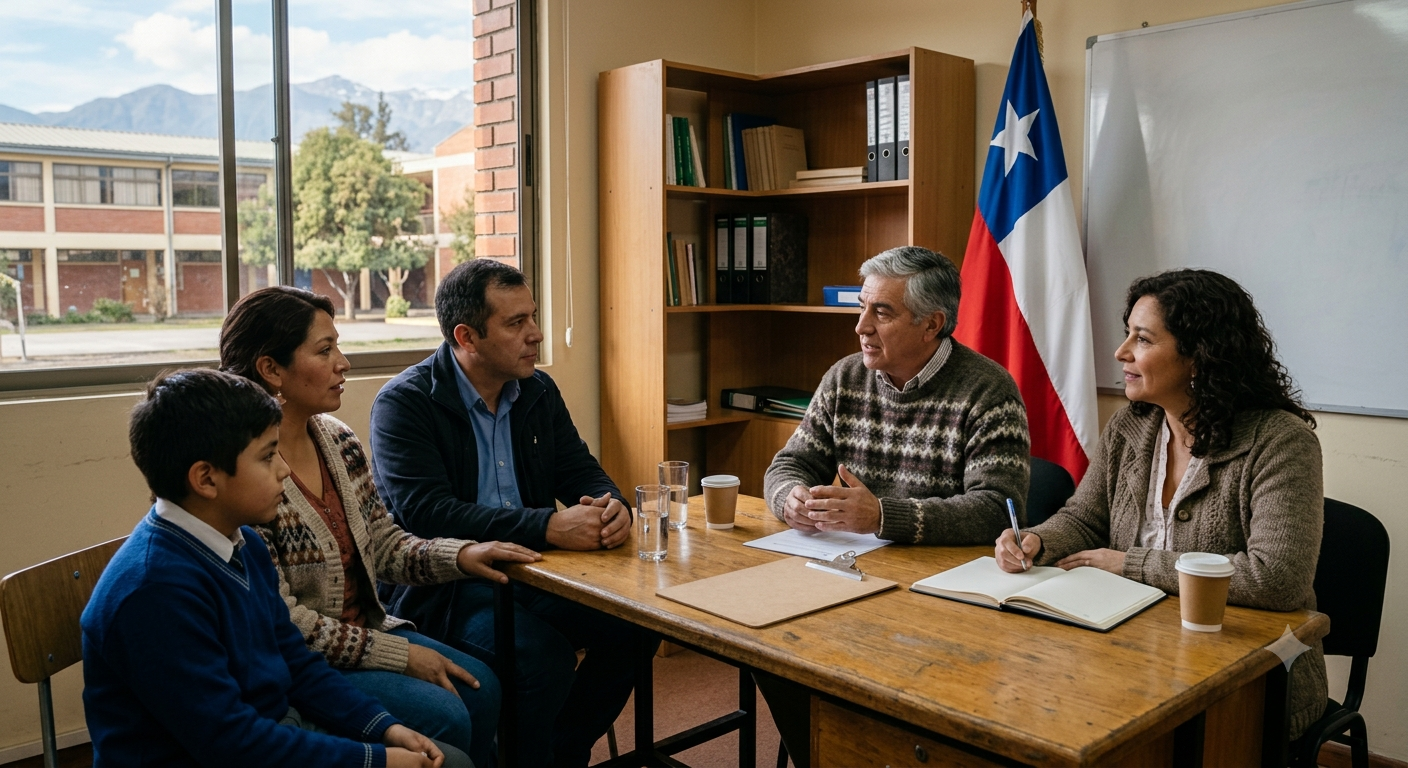 Apoderado y estudiante revisando el progreso escolar junto al establecimiento.