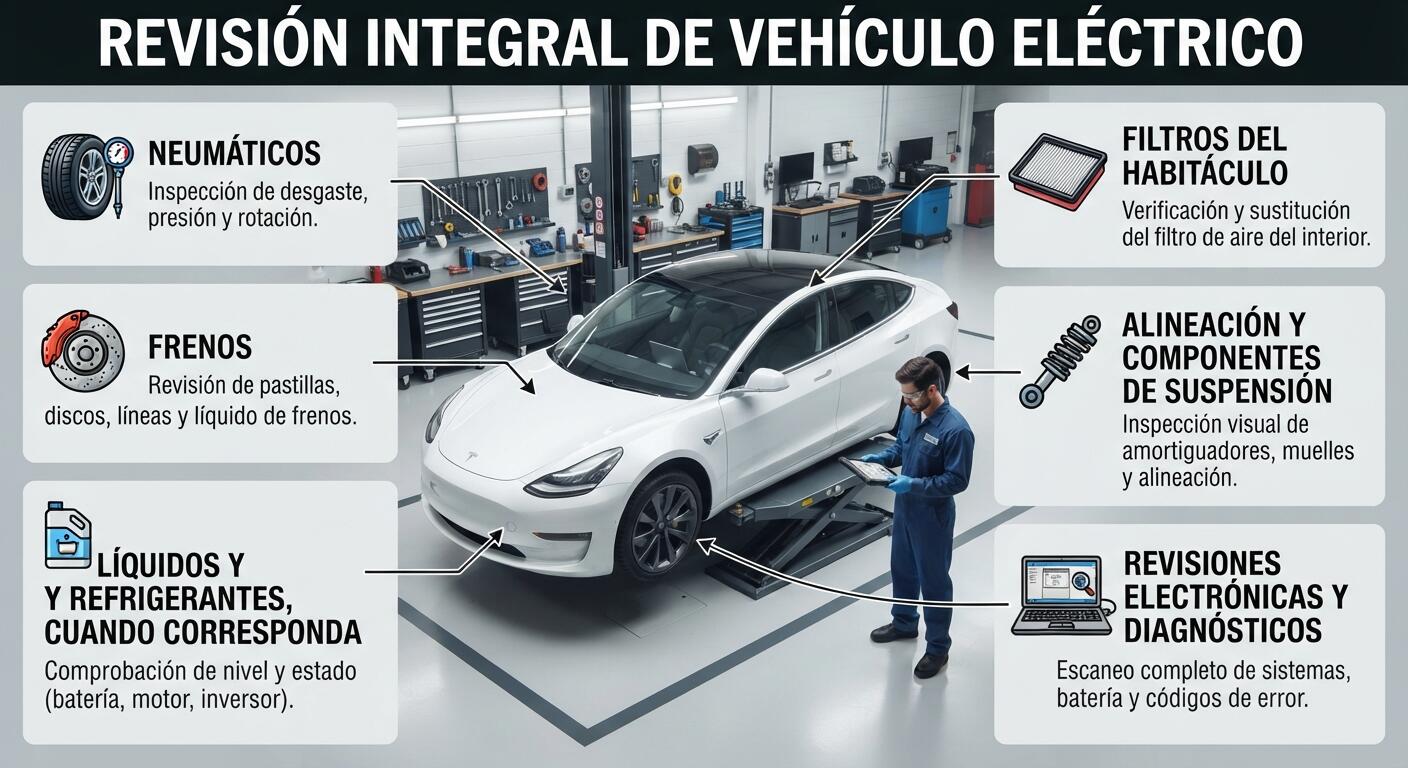 Infografía de la revisión de componentes de un auto eléctrico.