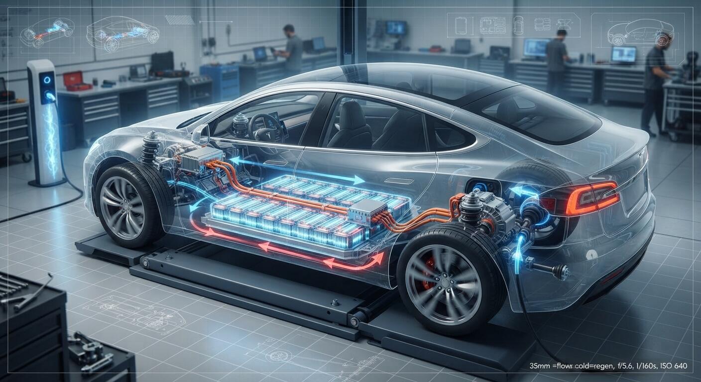 Vista interna de los componentes de un vehículo eléctrico.