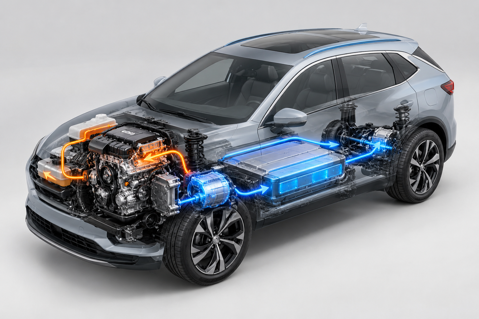 Representación del sistema de propulsión de un vehículo híbrido eléctrico.