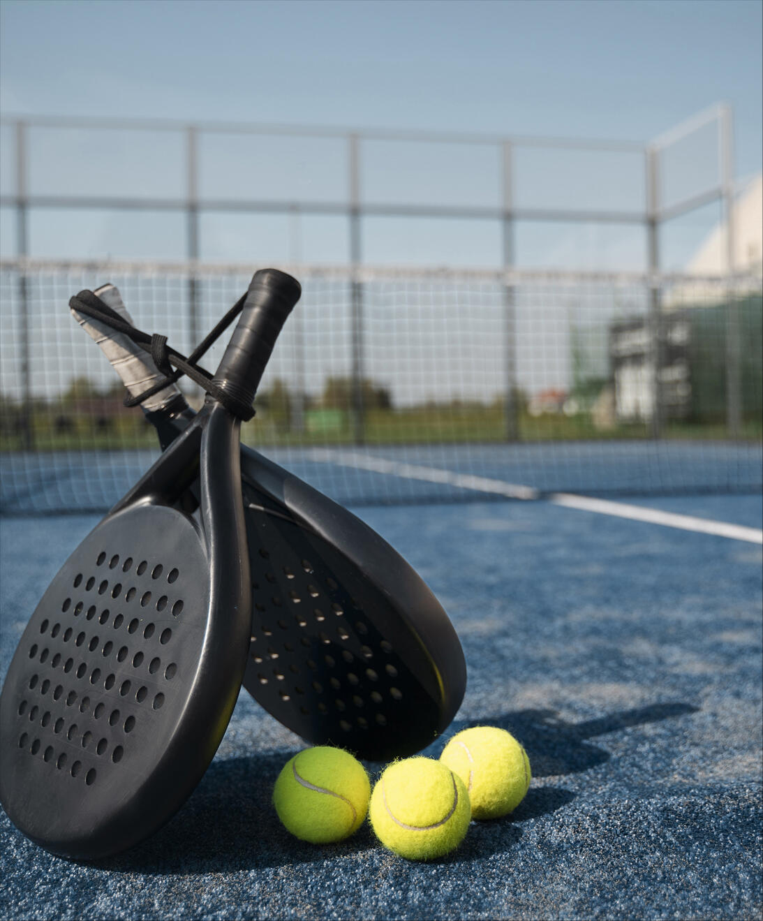 dos raquetas y una pelota en primer plano con fondo de una cancha de padel piso azul
