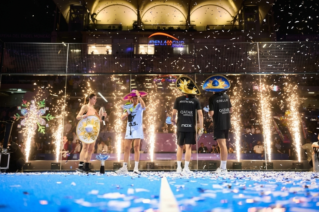 vista de una premiacion a los ganadores de Qatar Padel pasado de la categoria femenina y masculina