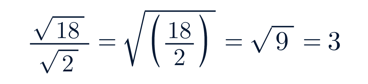 imagen del ejercicio matemático √18 / √2 = √(18 / 2) = √9 = 3