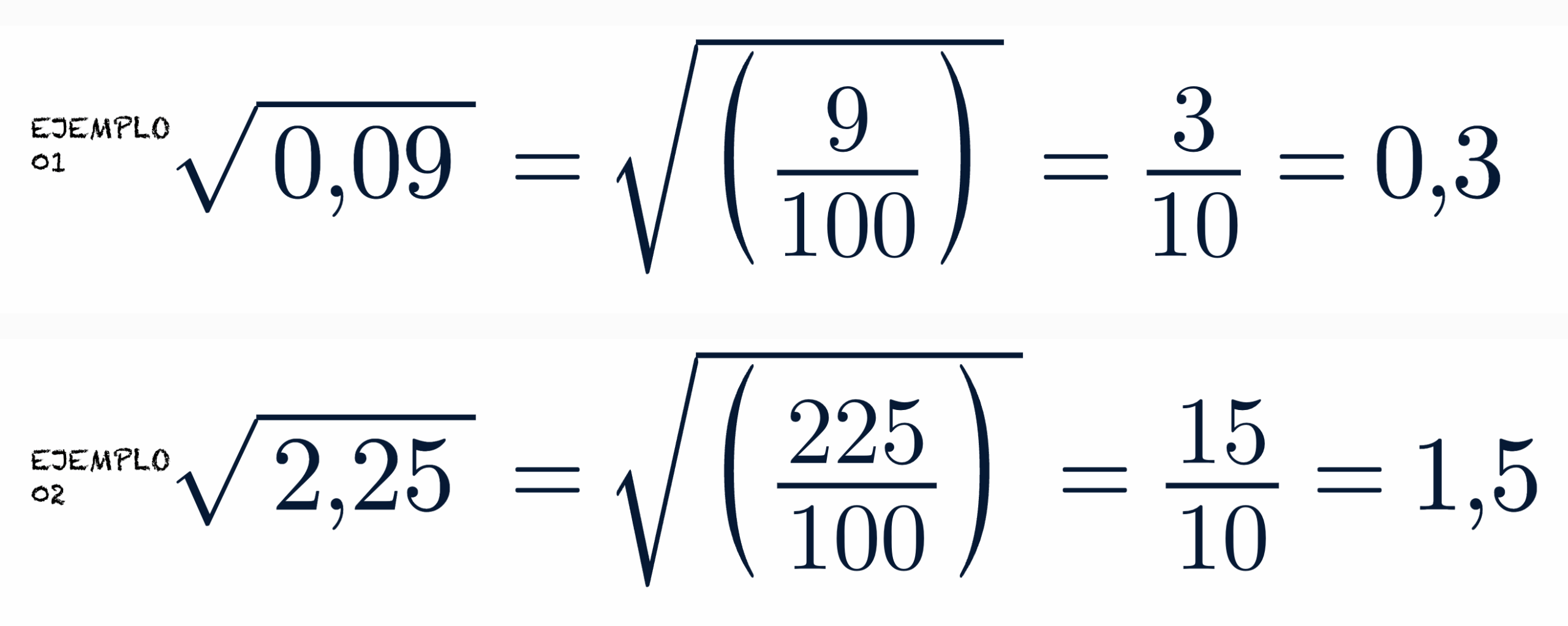 VISUAL DE LOS EJERCICIOS DE EJEMPLO: √0,09 = √(9/100) = 3/10 = 0,3 √2,25 = √(225/100) = 15/10 = 1,5