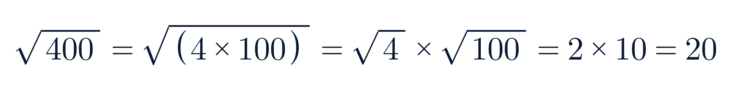 VISUAL DEL EJERCICIO √400 = √(4 × 100) = √4 × √100 = 2 × 10 = 20
