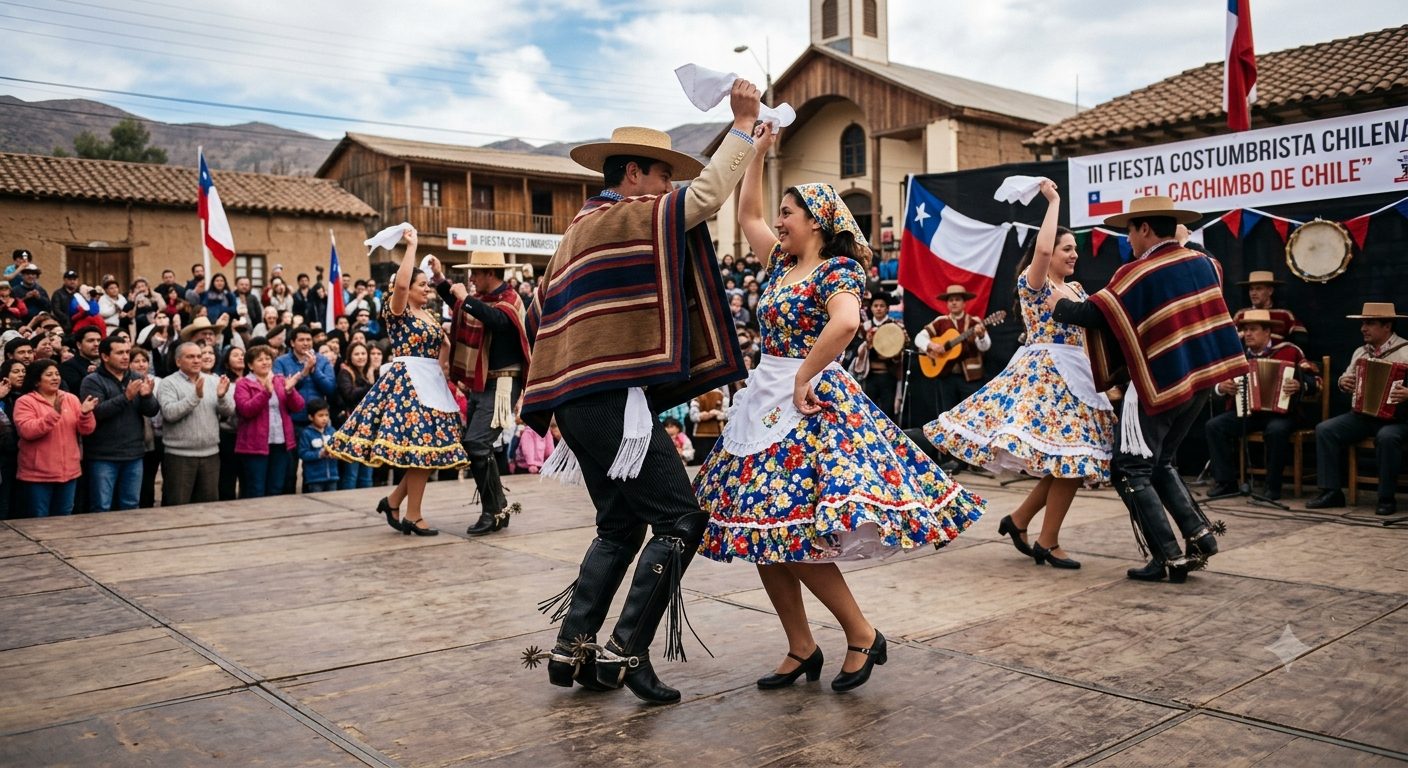 Pareja interpretando el baile cachimbo tradicional del norte de Chile con pañuelos.