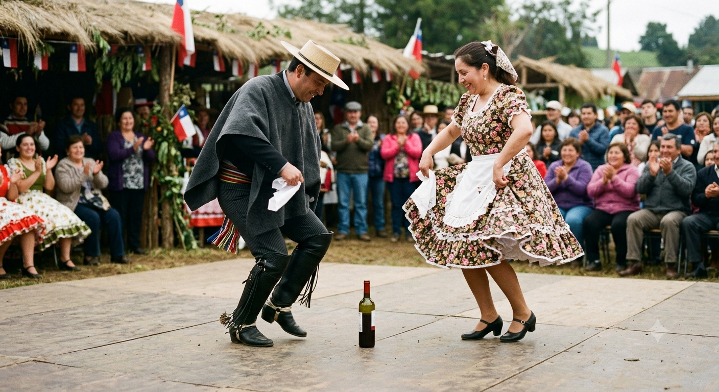 Parejas bailando el costillar alrededor de una botella durante una fiesta tradicional del sur de Chile.
