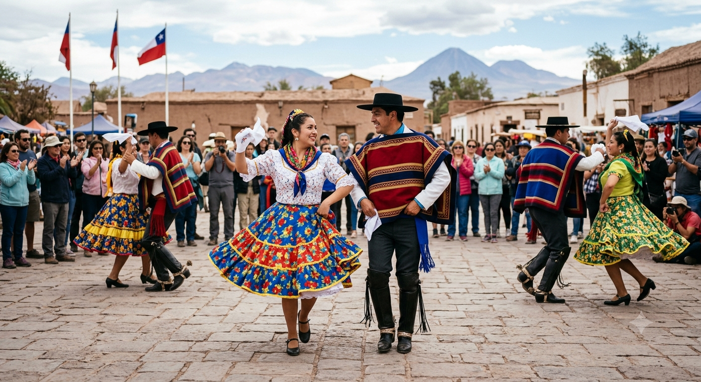Pareja bailando el trote tradicional del altiplano chileno con vestimenta andina.