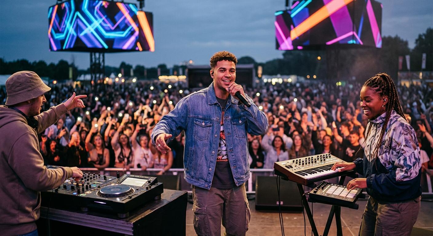 Concierto de música urbana con artistas frente al público