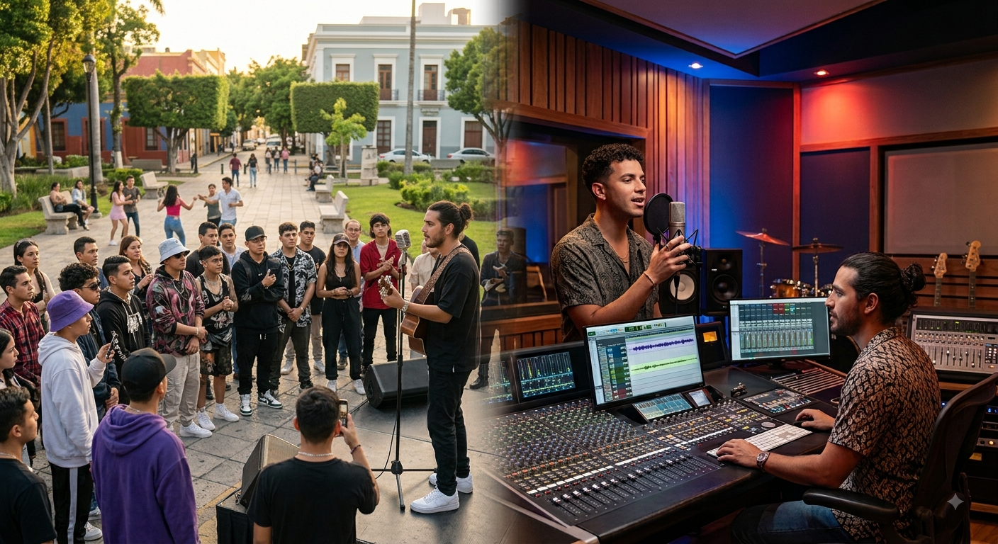 Artistas de trap chileno interpretando canciones en un entorno urbano