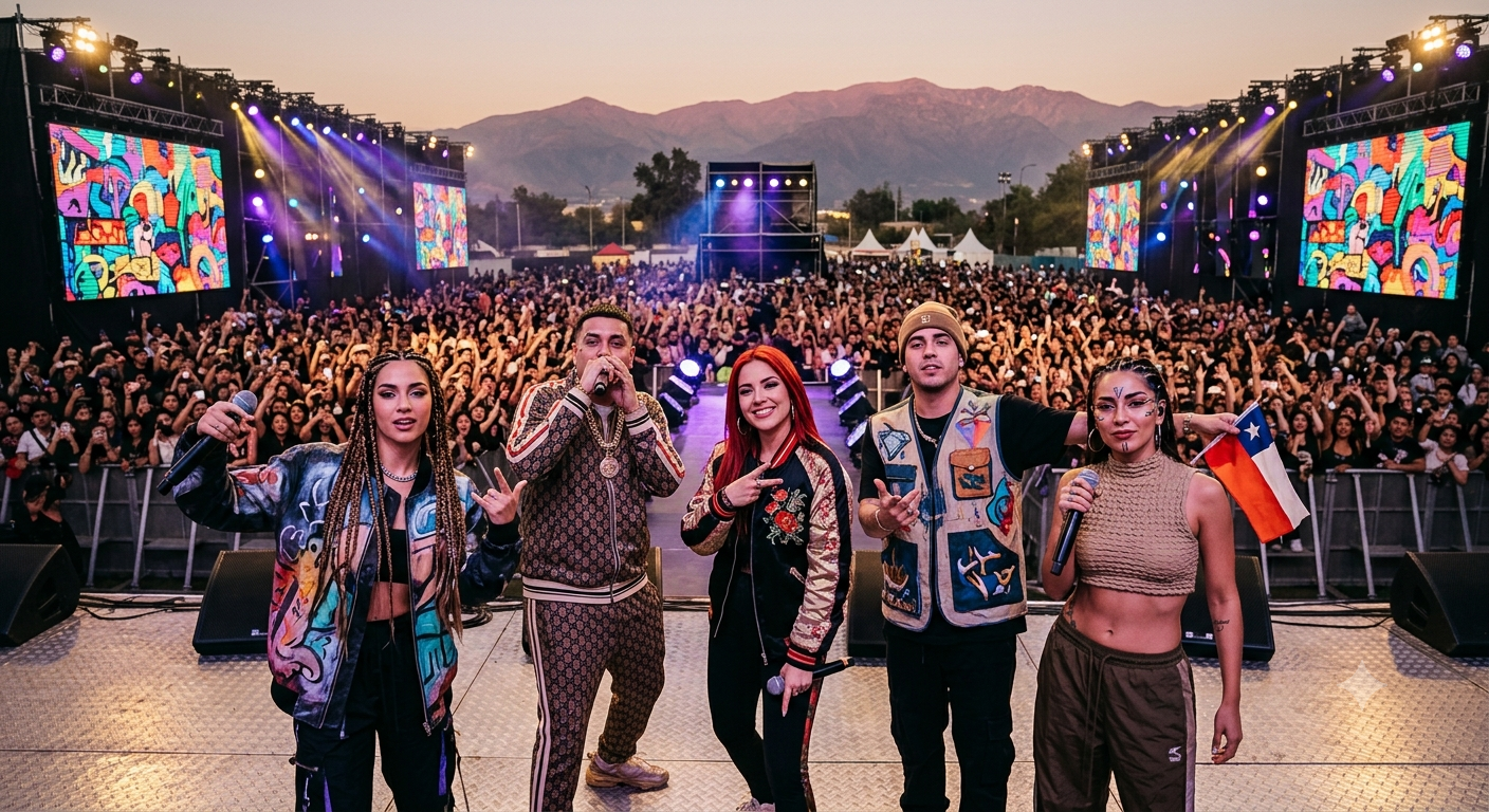 Artistas urbanos chilenos colaborando en una presentación musical