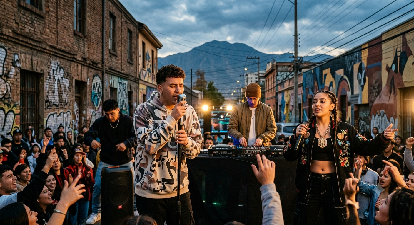Artistas de música urbana chilena produciendo música en un estudio