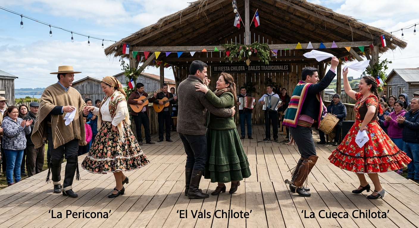 La pericona, el vals chilote y la cueca chilota representados en una ilustración del archipiélago de Chiloé.