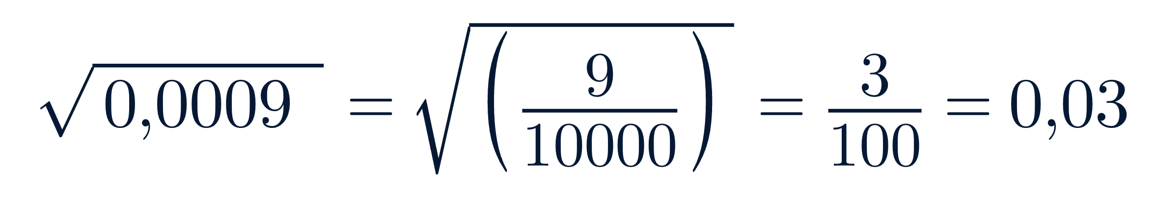 VISUAL DE LA RESOLUCION DEL EJERCICIO √0,0009 = √(9/10000) = 3/100 = 0,03