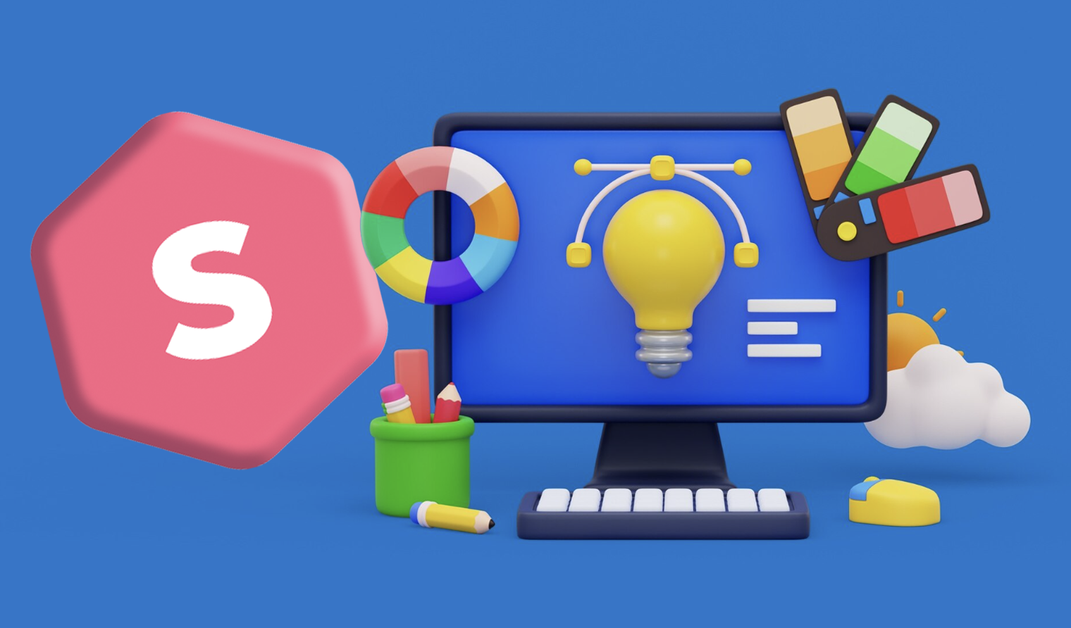 dibujo 3d de una PC con iconos de herramientas de diseño y modelado saliendo de la pantalla junto al logo de Superprof