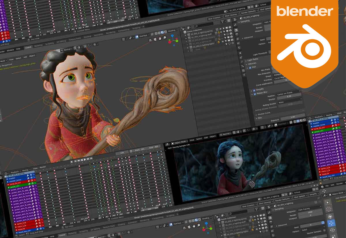 interfaz de blender con una vista de modelado y animacion de personaje en pantalla y esquinero logo blender en el lado derecho