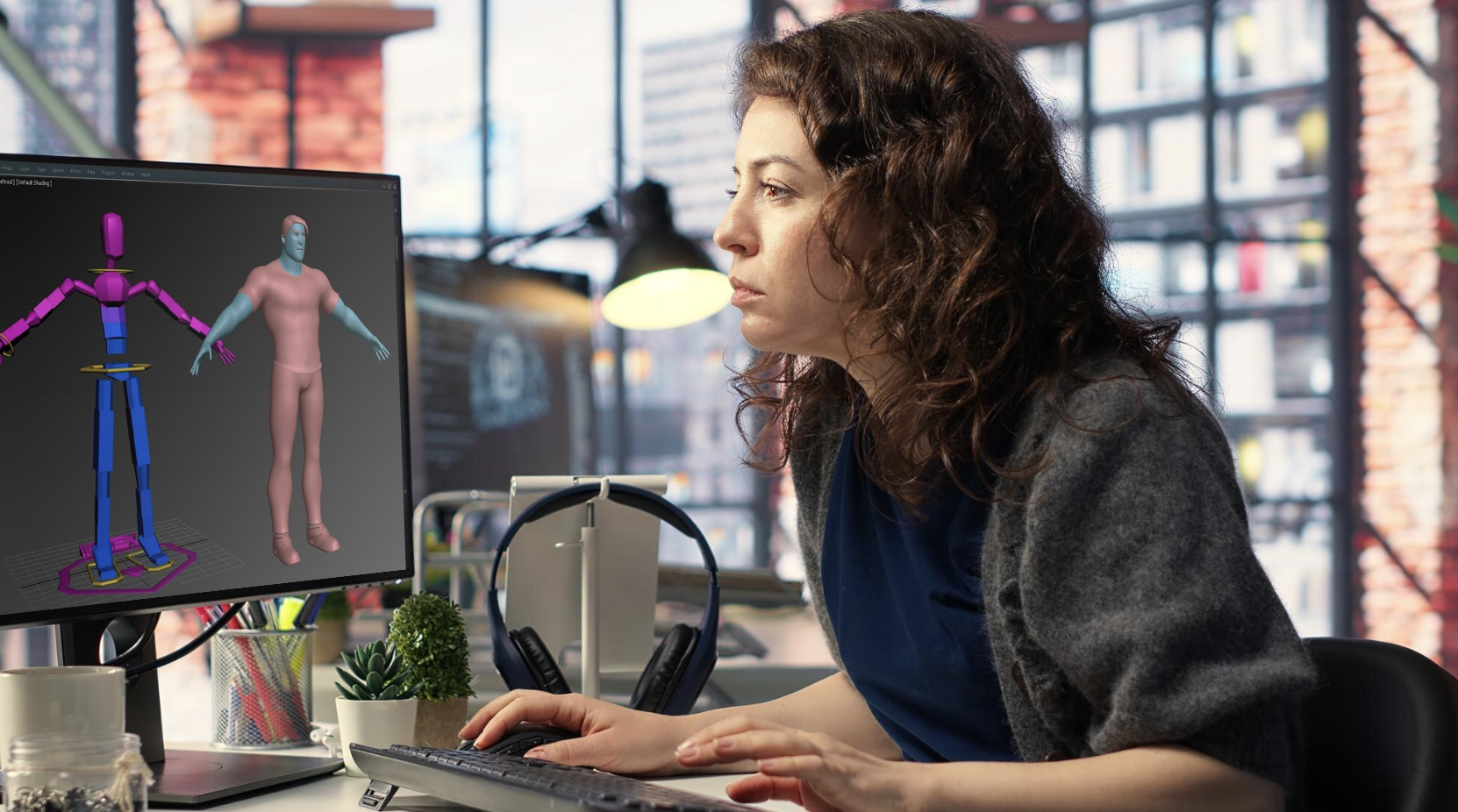 mujer mirando de cerca en su pantalla el rigging de un personaje 3d