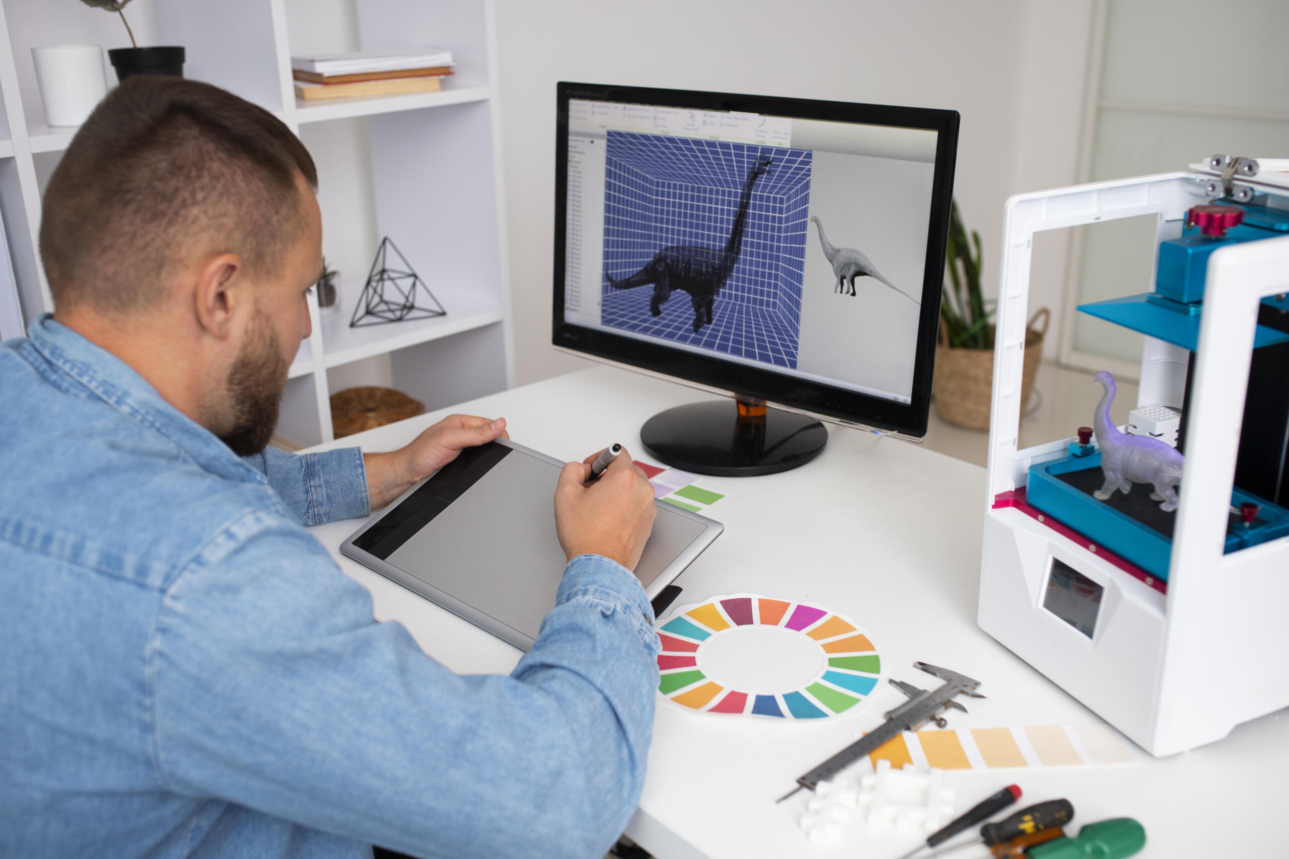 chico frente a una computadora realizando un modelado 3d de un dinosaurio