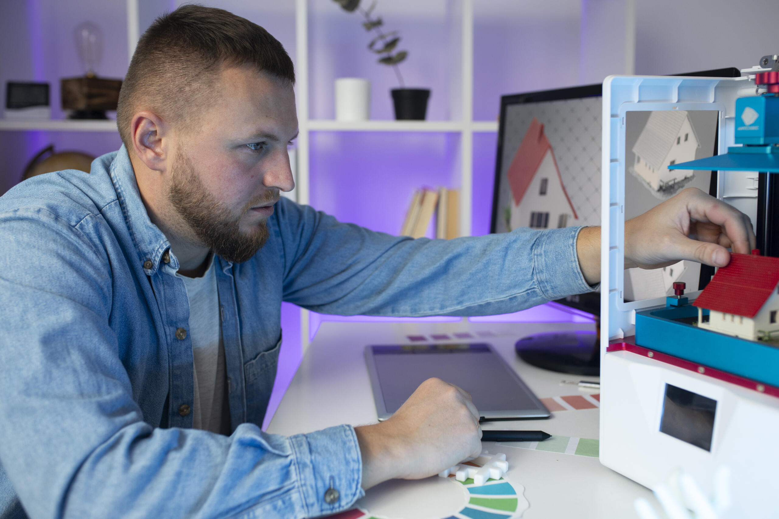 chico tocando una casita hecha en una impresora 3d con una vista en la computadora de la misma pieza impresa