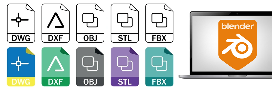 iconos de los diferentes tipos de archivos con laptop y logo de Blender en este
