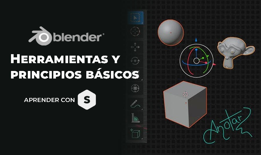 Wallpaper con herramientas de blender y el texto: HERRAMIENTAS Y PRINCIPIOS BÁSICOS. APRENDE CON SUPERPROF