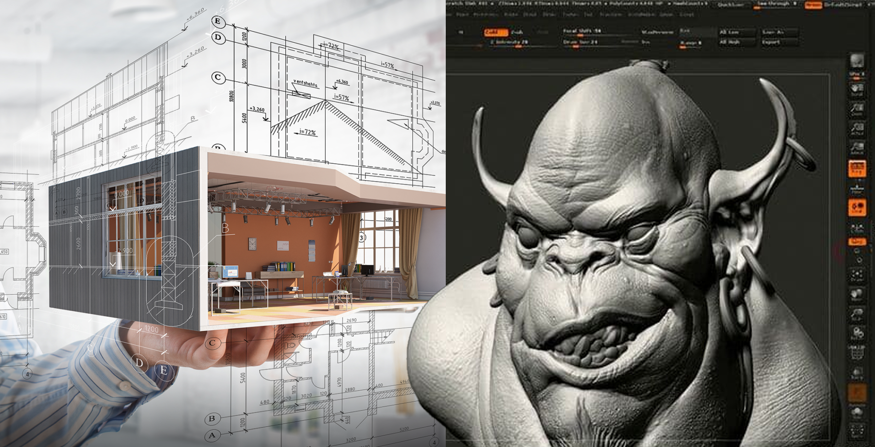 collage de modelado de edificacion y de personaje con blender