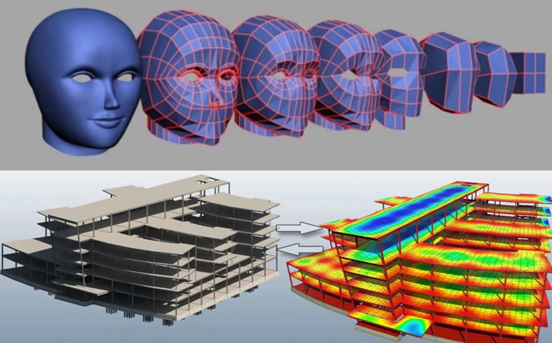 collage de modelado de personajes 3d arriba y modelado de edificaciones abajo
