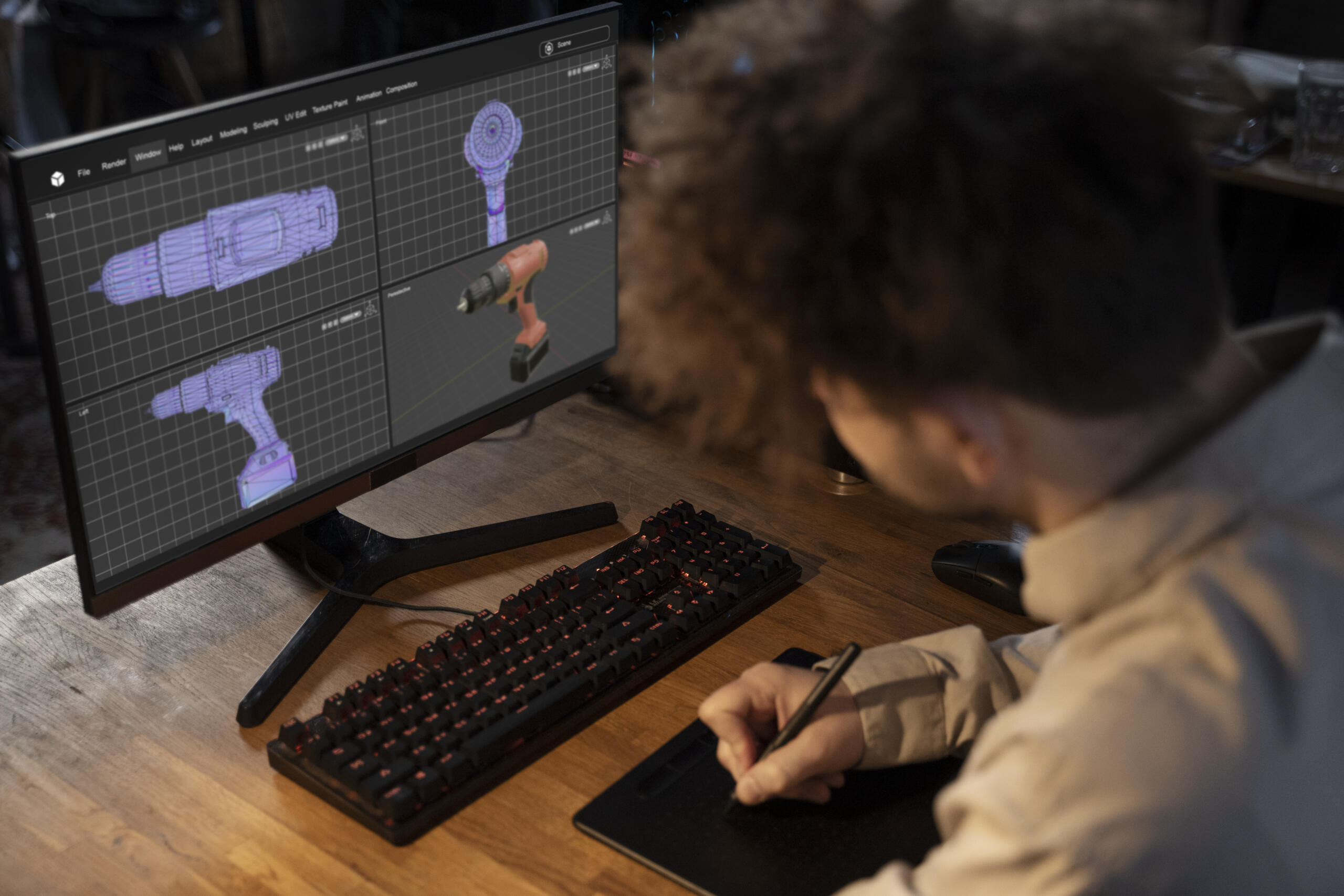 chico diseñando un taladro en diseño 3d