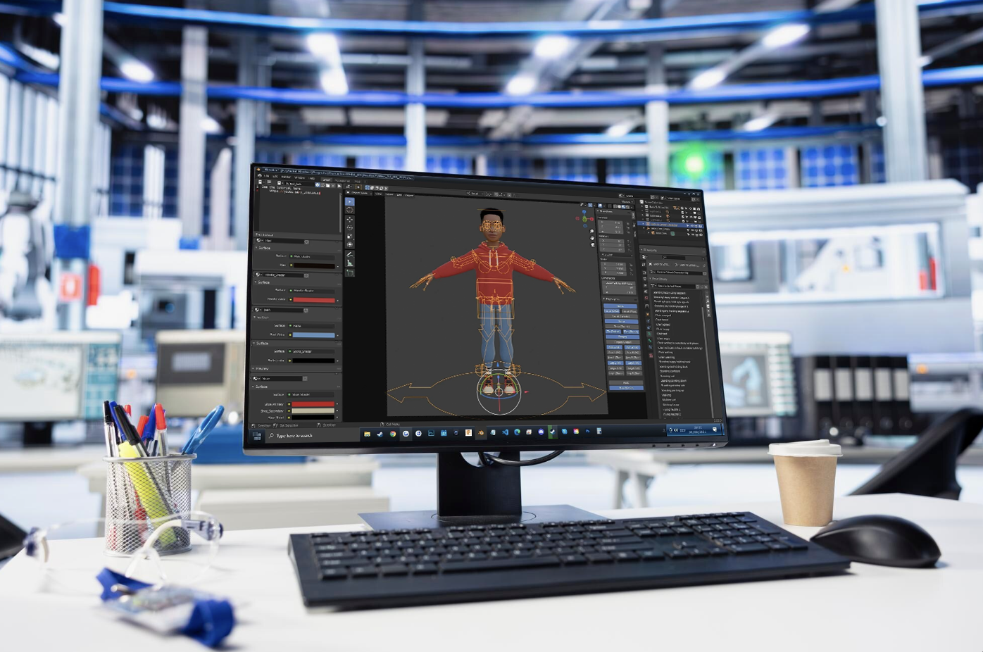 computadora sola en un escritorio con pantalla mostrando un personaje con rig activo para animación