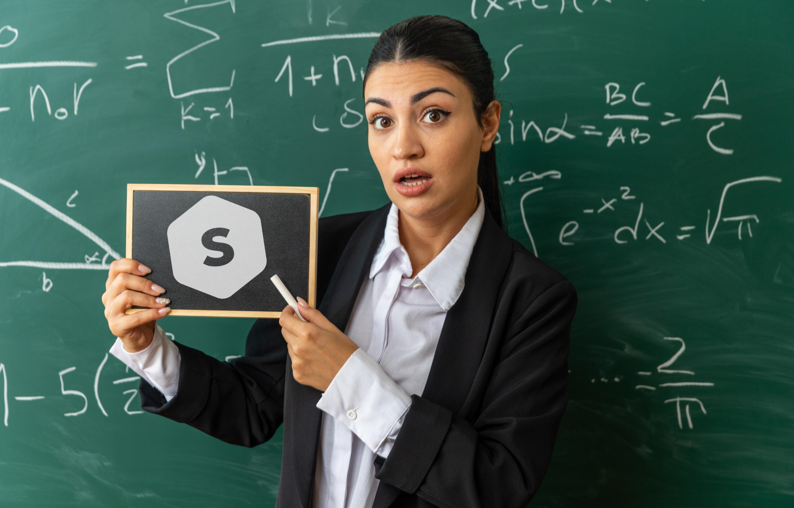 chica sorprendida sosteniendo una pizarrita en manco con logo de superprof y todo el fondo verde lleno de numeros