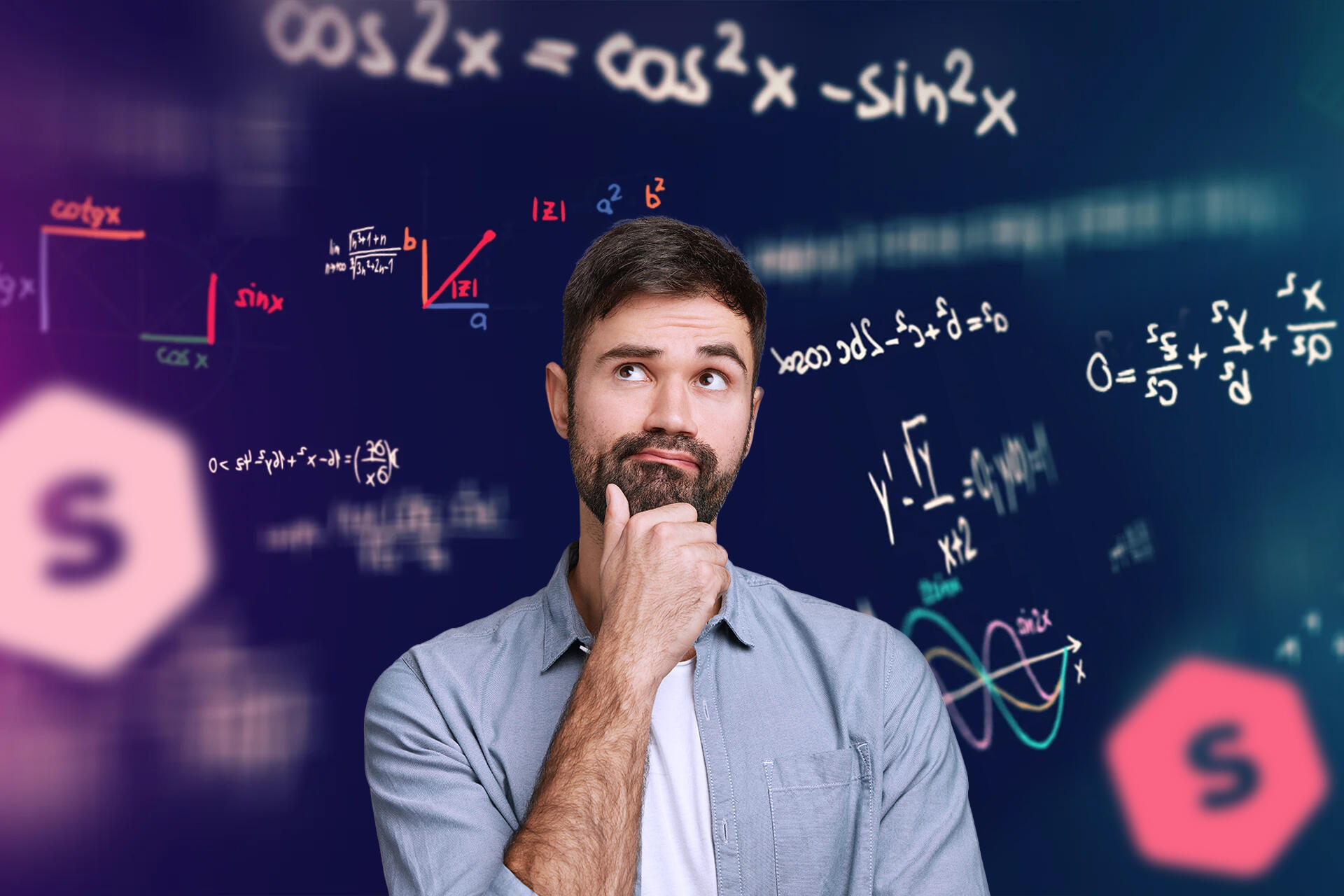 chico pensativo con fórmulas y números flotando alrededor.