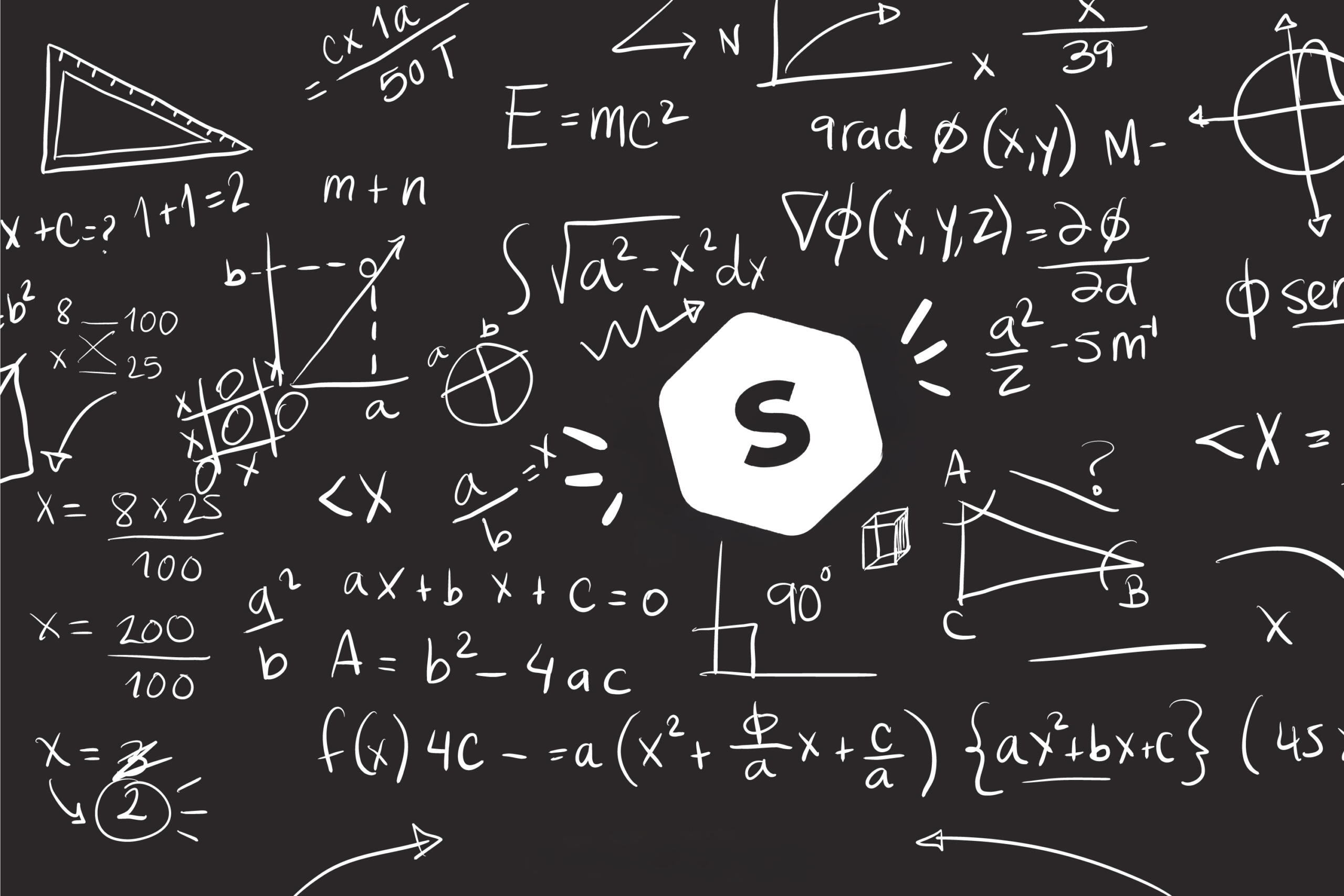 vista de un pizarron negro lleno de formulas y numeros con el logo de superprof en medio