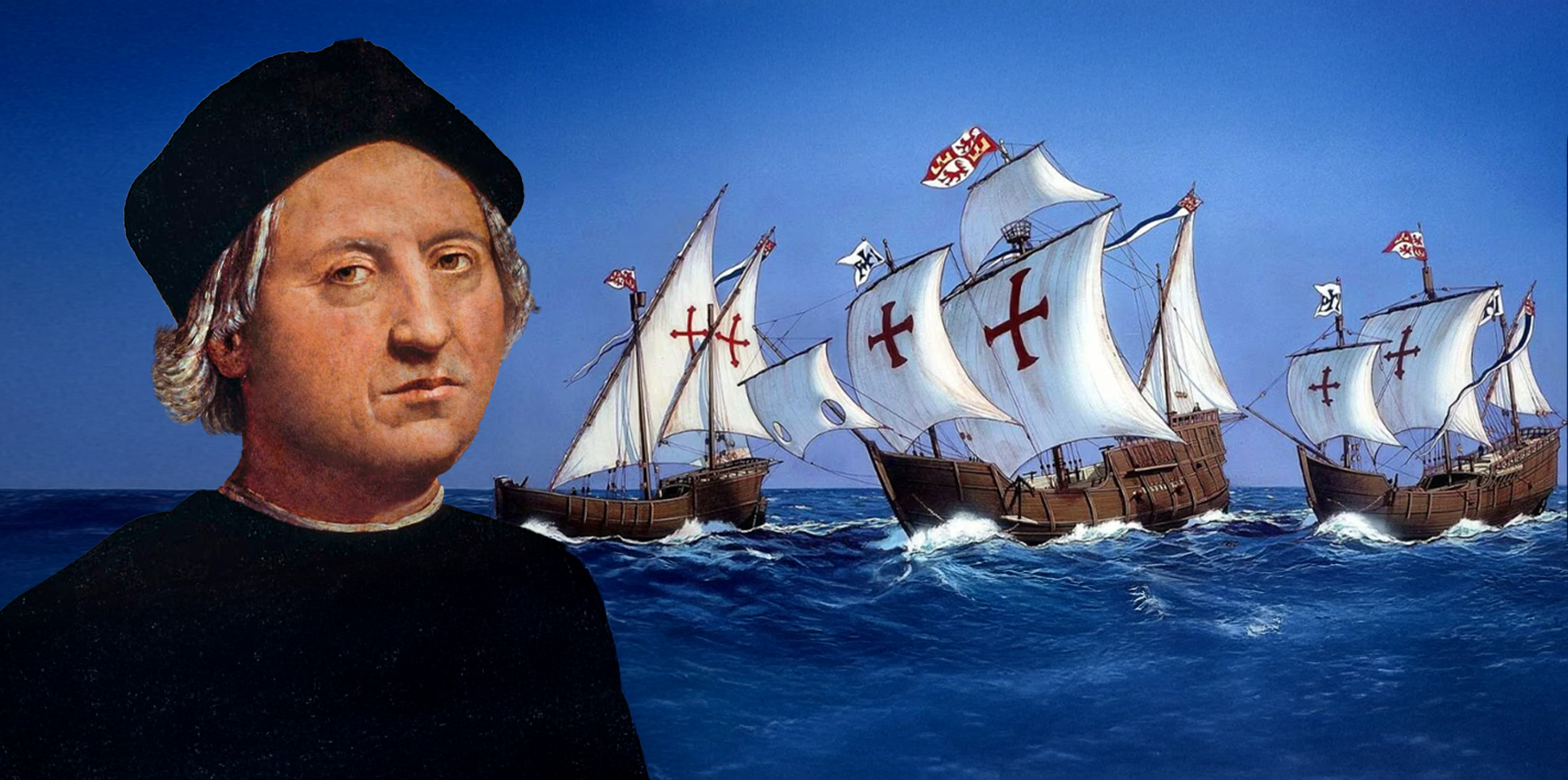 pintura de Cristobal Colón frente a las tres carabelas