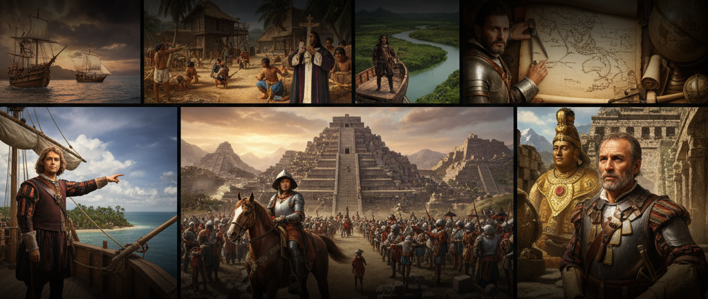 collage de eventos históricos con la llegada de los españoles y la conquista de América