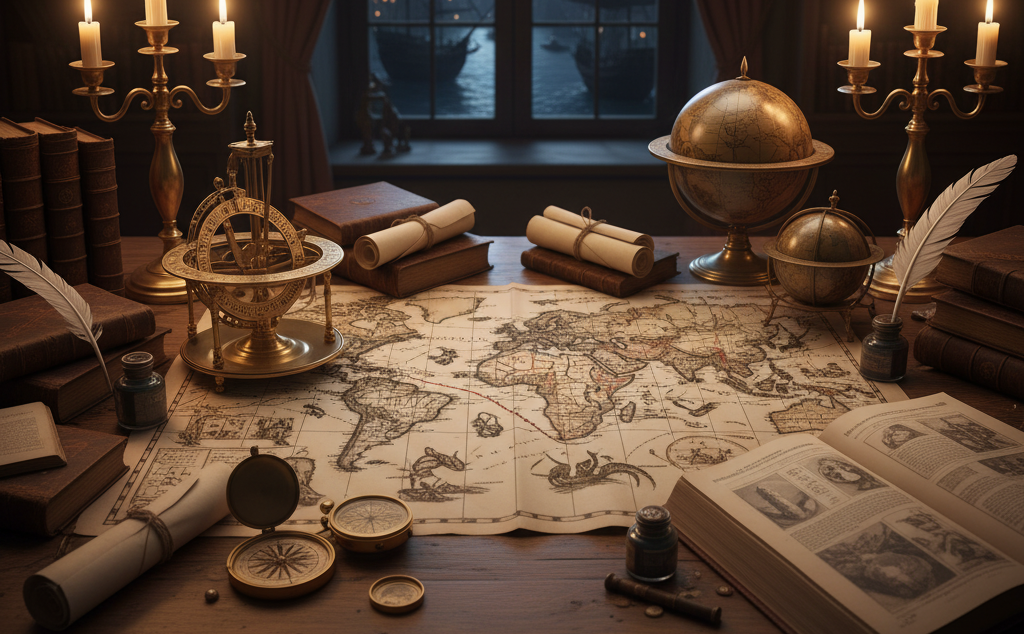 mapas e instrumentos de cartografía con vista al mar
