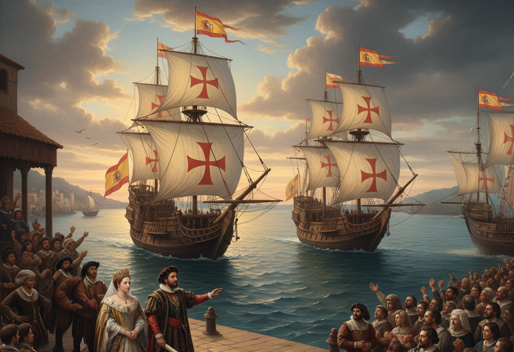 las tres carabelas en el Puerto de Palos junto a la Reina Isabel, Colón y algunas personas del pueblo